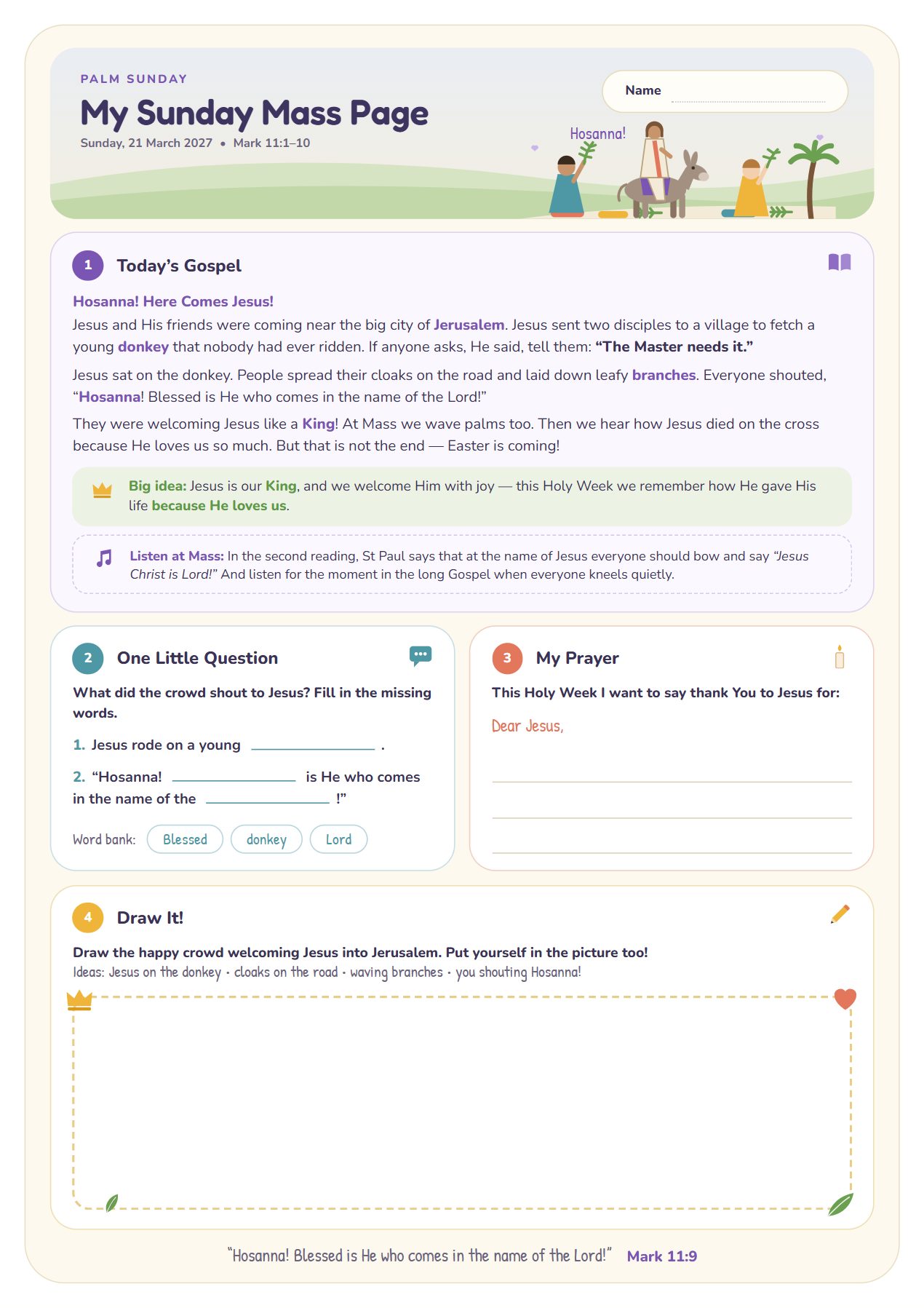 Hosanna! Here Comes Jesus! — worksheet for age 6